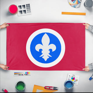 A mockup of the custom flag 'French Oswald Mosley flag' held up on a table during print checking