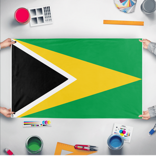 A mockup of the custom flag 'Flag of Republic of Altis and Stratis flag' held up on a table during print checking