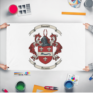 A mockup of the custom flag 'Hounshell Family Flag' held up on a table during print checking