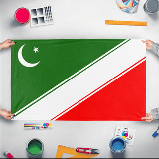 A mockup of the custom flag 'Pakistan flag redesign flag' held up on a table during print checking