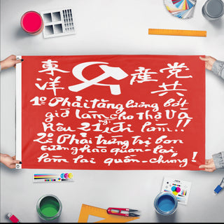 A mockup of the custom flag 'Indochinese Communist Party flag' held up on a table during print checking