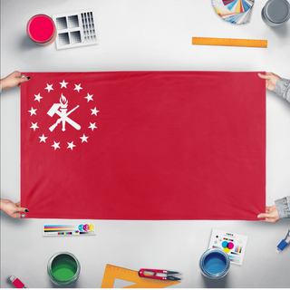 A mockup of the custom flag 'American Socialist Union flag' held up on a table during print checking