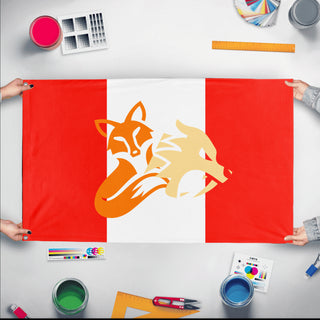 A mockup of the custom flag 'Animaless flag' held up on a table during print checking