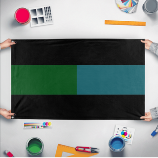 A mockup of the custom flag 'Erperl-Vitalian New Empire flag' held up on a table during print checking