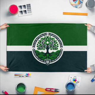 A mockup of the custom flag 'GH flag' held up on a table during print checking
