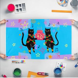 A mockup of the custom flag 'Brian flag' held up on a table during print checking