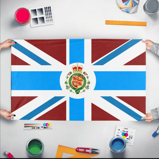 A mockup of the custom flag 'UK flag redsign flag' held up on a table during print checking