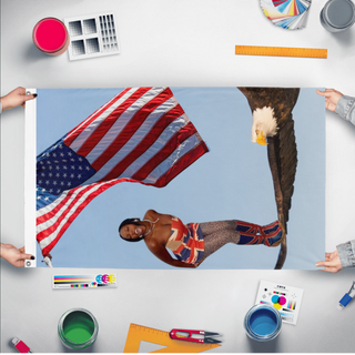 A mockup of the custom flag 'RACHEL flag' held up on a table during print checking