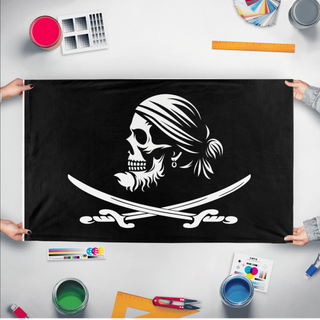 A mockup of the custom flag 'PiratGoatee flag' held up on a table during print checking