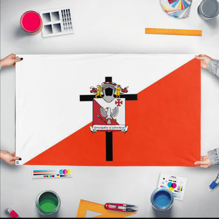 A mockup of the custom flag 'Principality of Silverland flag' held up on a table during print checking