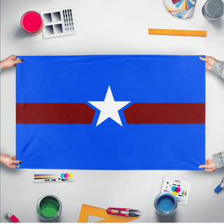 A mockup of the custom flag 'Hopeful Blue flag' held up on a table during print checking