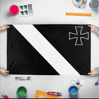 A mockup of the custom flag 'Kingdom of Kriegsbourg flag' held up on a table during print checking