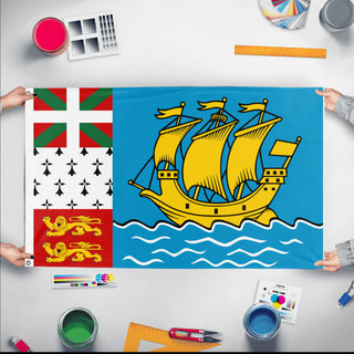A mockup of the custom flag 'SPEM flag' held up on a table during print checking