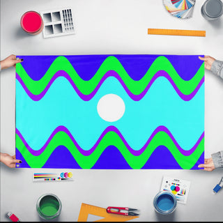 A mockup of the custom flag 'kingman reef flag' held up on a table during print checking