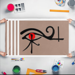 A mockup of the custom flag 'jupiter flag' held up on a table during print checking