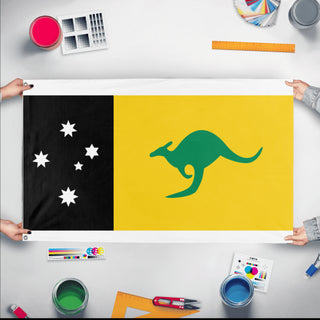 A mockup of the custom flag 'kangaroo island flag' held up on a table during print checking