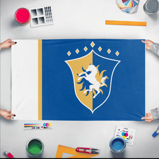 A mockup of the custom flag 'Marescan flag' held up on a table during print checking