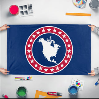A mockup of the custom flag 'north america flag' held up on a table during print checking