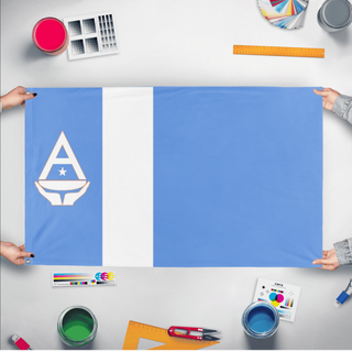 A mockup of the custom flag 'marie byrd land flag' held up on a table during print checking