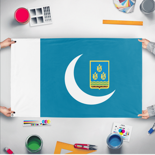 A mockup of the custom flag 'My flag' held up on a table during print checking