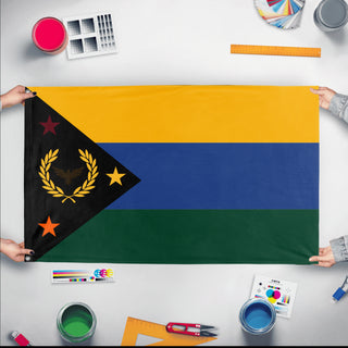 A mockup of the custom flag 'Western Provincial Independence Movement flag' held up on a table during print checking