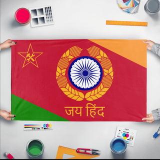 A mockup of the custom flag 'The Bharat Commune flag' held up on a table during print checking