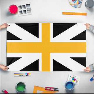 A mockup of the custom flag 'Kingdom of Alexander flag' held up on a table during print checking