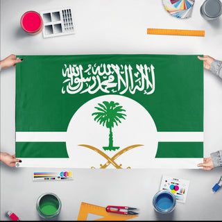 A mockup of the custom flag 'Empire of Saudi Arabia flag' held up on a table during print checking