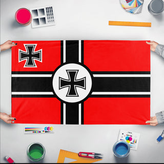 A mockup of the custom flag 'Iron cross flag' held up on a table during print checking