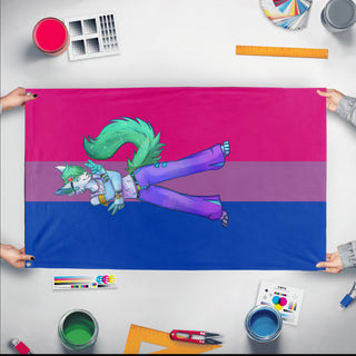 A mockup of the custom flag 'Hyper-raver flag' held up on a table during print checking