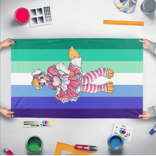 A mockup of the custom flag 'Raffi Gay-pride flag' held up on a table during print checking