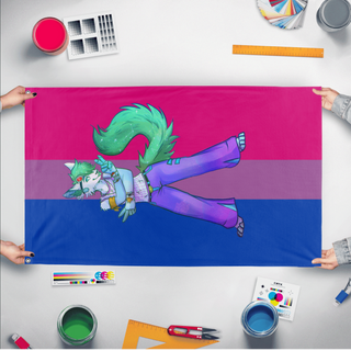 A mockup of the custom flag 'Hyper-raver flag' held up on a table during print checking