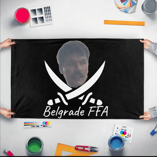 A mockup of the custom flag 'Belgrade FFA Jolly Roger flag' held up on a table during print checking
