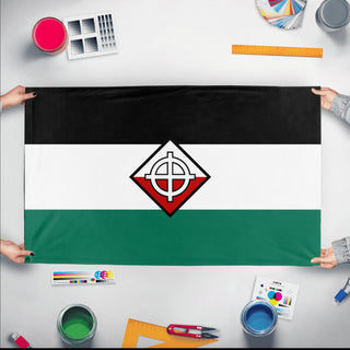 A mockup of the custom flag 'PWO flag' held up on a table during print checking