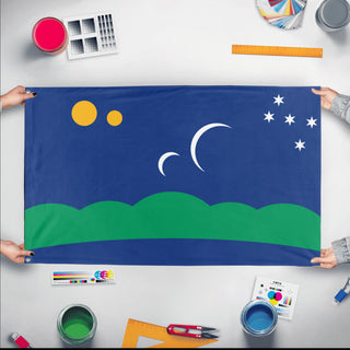 A mockup of the custom flag 'Velarion Confederacy flag' held up on a table during print checking