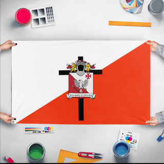 A mockup of the custom flag 'Principality of Silverland flag' held up on a table during print checking