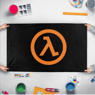 A mockup of the custom flag 'Lambda Resistance flag' held up on a table during print checking