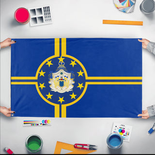 A mockup of the custom flag 'Kingdom of Europe flag' held up on a table during print checking