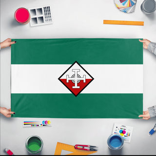 A mockup of the custom flag 's flag' held up on a table during print checking