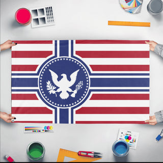 A mockup of the custom flag 'Free American Empire flag' held up on a table during print checking