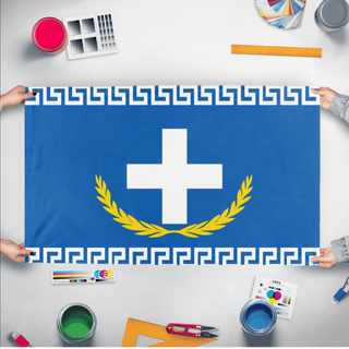 A mockup of the custom flag 'greek orthodox flag' held up on a table during print checking