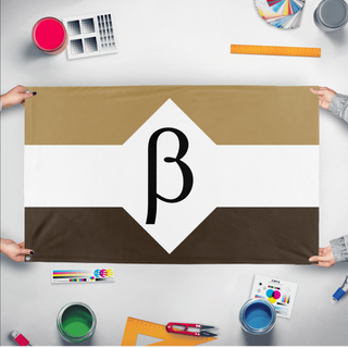 A mockup of the custom flag 'Beaglund flag' held up on a table during print checking