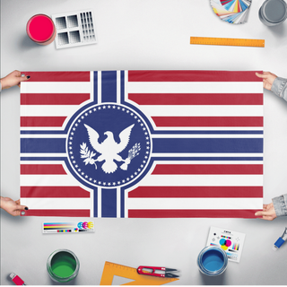 A mockup of the custom flag 'Free American Empire flag' held up on a table during print checking