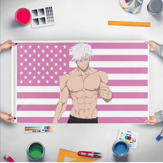 A mockup of the custom flag 'Saturo Gojo JJK flag' held up on a table during print checking
