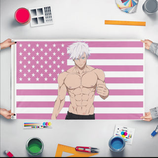 A mockup of the custom flag 'ghhghg flag' held up on a table during print checking