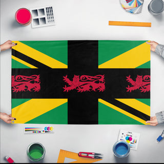 A mockup of the custom flag 'UNITED KINGDOM flag' held up on a table during print checking