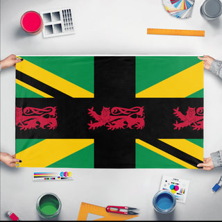 A mockup of the custom flag 'UK FLAG  flag' held up on a table during print checking