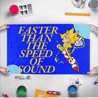 A mockup of the custom flag 'The Sonic flag' held up on a table during print checking