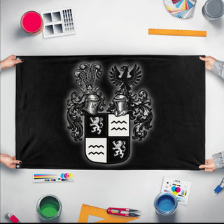 A mockup of the custom flag 'test flag' held up on a table during print checking