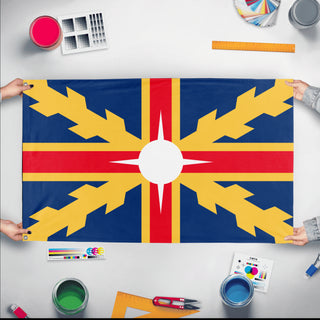 A mockup of the custom flag 'Imperial flag' held up on a table during print checking